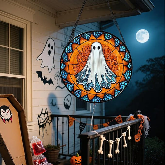 Stained Glass Window Hanging - Halloween Decorations White Ghost Suncatcher for Doors Garden Indoor Spooky Funny Blue Sun Catchers Gothic Decor Horror Gifts for Women Men Friend 6.3 in