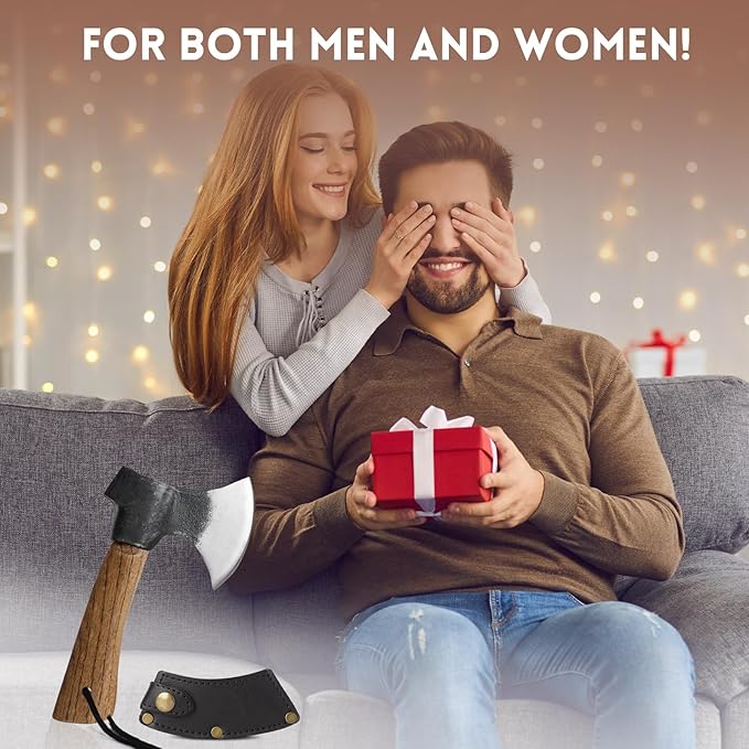 Small Camping Axe with Leather Sheath, 8.46" Backpacking Hatchet with Wooden Handle, Splitting Axe for Jungle, Gardening, Hunting, Survival