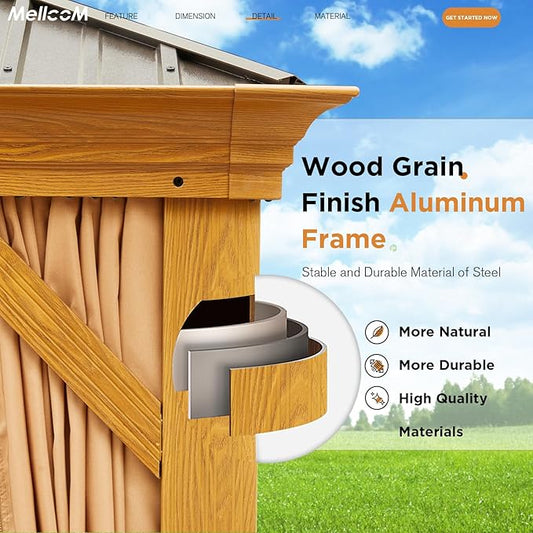 MELLCOM 14'x24' Gazebo, Wooden Finish Coated Aluminum Frame Pergola with Double Galvanized Steel Hardtop Roof, Outdoor Permanent Metal Pavilion with Curtains and Nettings for Patio, Backyard and Deck