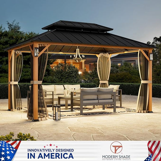 Modern Shade The Horizon Hardtop Gazebo 10' x 14' with 4 LED Lights, Permanent Outdoor Gazebo with Galvanized Steel Double Roof, Grill Pavilion with Decor Hooks, Mosquito Nettings, Wood-Looking
