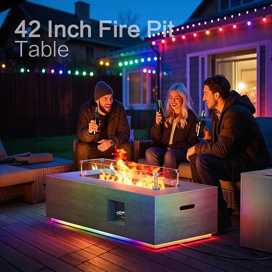 42" Outdoor Fire Pit Table, 50,000 BTU Gas Fire Pit with Glass Wind Guard, Fire Stones, Waterproof Cover, Propane Fire Pit Table for Outside Patio (RGB Light, Brown)
