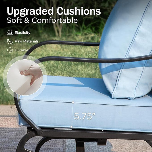 PHI VILLA 4 Piece Patio Furniture Sets for 5 Person with 1 x 3-Seat Deep Seating Bench, 2 x Cushioned Swivel Sofa Chairs & 1 x Coffee Table, Outdoor Metal Conversation Set for Lawn Garden, Light Blue