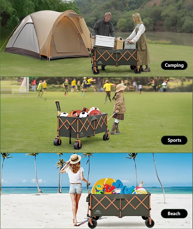 48โL Foldable Wagons Carts Extended, Collapsible Folding Wagon 500lbs Heavy Duty, 320L Large Beach Wagon, Utility Wagon with All Terrain Big Wheels for Sports, Camping, Grocery, Garden, Green