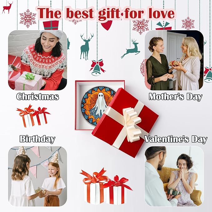 Stained Glass Window Hanging - Halloween Decorations White Ghost Suncatcher for Doors Garden Indoor Spooky Funny Blue Sun Catchers Gothic Decor Horror Gifts for Women Men Friend 6.3 in