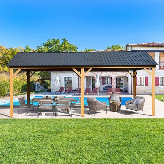 Domi 12' X 20' Hardtop Gazebo with Galvanized Steel Gable Roof and Wood Grain Aluminum Frame, Outdoor Permanent Gazebo Pavilion for Patio, Garden, Deck, Backyard