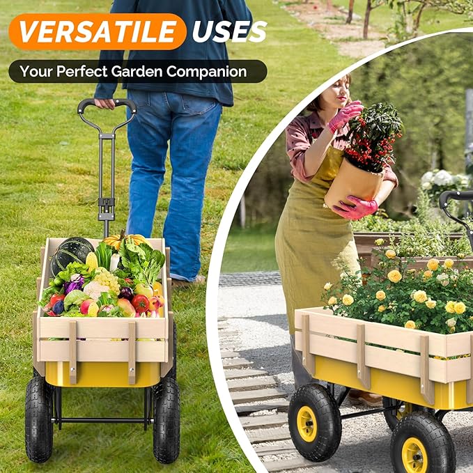 VINGLI Wagon Cart, Steel Frame and Wood Coated Railing, 330lbs All Terrain Wagon 9.2in Solid Tires for Garden and Outdoor (Yellow)