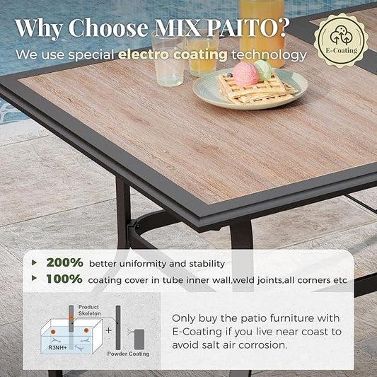 7 Pieces Patio Table and Chairs Set, Outdoor Dining Furniture Set for 6, 6 Blue Textilene Chairs and 61" Wood-Like Table Top with Umbrella Hole, for Deck Backyard Lawn