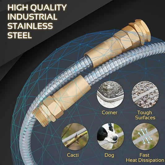 Garden Hose - Flexible Short Water Hose with Metal Fitting, 10 ft Leader Hose, Heavy Duty Hoses Extension for Rv, Outdoor, Small Garden, Yard, 304 Stainless Steel