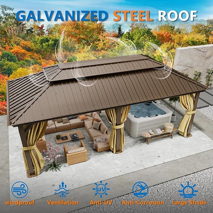 HOTEEL 12x20 Hardtop Gazebo with Metal Roof & Drainage System, Heavy Duty Galvanized Steel Gazebo with Reinforced Aluminum Frame, Privacy Curtains and Netting, for All-Weather, Brown (2025 Upgraded)