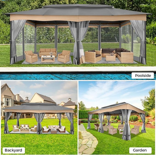 COBIZI Gazebo 12x20 Heavy Duty Gazebos with Improved Nettings Outdoor Gazebo Canopy Double Roof Patio Gazebos with Metal Steel Frame for Patio, Deck, Backyard (Gray)