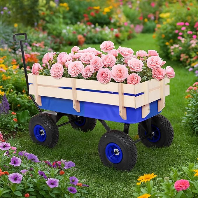 Outvita All-Terrain Cargo Wagon with 10'' Air Tires, Steel Structure Wagon with Removable Wooden Side Panels for Kids, Garden and Cargo, Up to 220lbs Capacity, 38'' L x 19'' W x 31'' H (Blue)