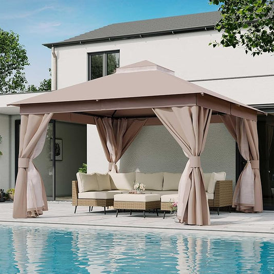 LAUSAINT HOME Outdoor Patio Gazebo 12'x12' with Expansion Bolts, Heavy Duty Party Tent & Shelter with Double Roofs, Mosquito Nettings and Privacy Screens for Backyard, Garden, Lawn, Champagne Khaki