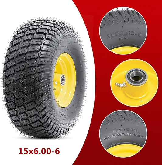 15x6.00-6(4PR) Tubeless Tire and Wheel, 15-Inch Replacement Pneumatic Tires and Wheel with 3/4" Bearings Compatible with Hand Truck, Wheelbarrow, Wagon, Gorilla Carts (Yellow, 2PCS)