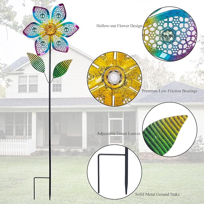 Wind Spinner with Metal Stake, Outdoor Garden Pinwheels Spinners Hollow-Out Flower Shape Design for Yard Lawn Patio Decor (2 Pack)
