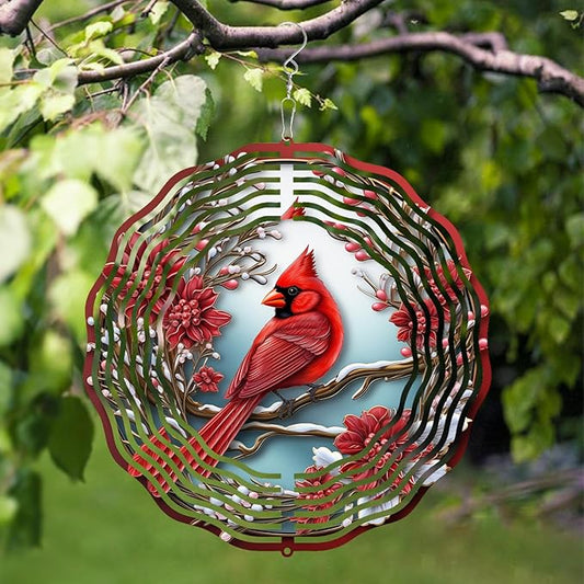 3D Cardinal Bird Wind Spinner 10 Inch Stainless Steel Metal Art Kinetic Sculpture Red Bird Hanging Ornament for Garden, Yard, Patio, and Home Décor Christmas Decor