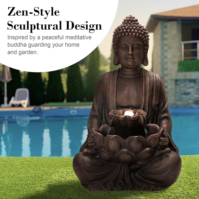 Glitzhome Buddha Fountain with Pump & LED Light, 2 Tier Zen Style Meditating Buddha Water Fountain Outdoor Fountains and Waterfalls Floor Fountains Buddhas Statues for Garden Patio Backyard 23" H