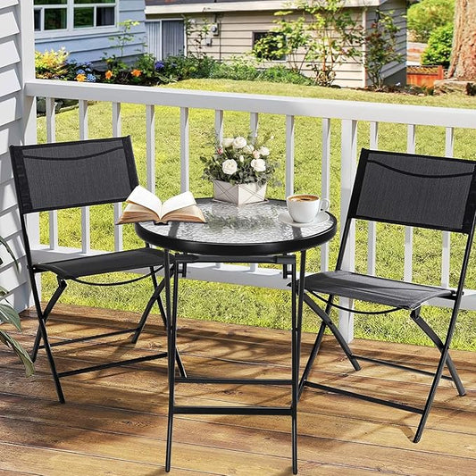 VINGLI Folding Glass Outdoor Side Table, 23.6 Inches Small Foldable Patio Bistro Table with Tempered Glass Table Top for Lawn & Garden, Balcony, Porch and Pool, Round