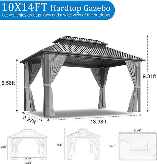 WKM 10x14 FT Hardtop Gazebo with Heavy Duty Galvanized Steel Double Roof, Aluminum Frame Permanent Pavilion with Curtains and Netting, Outside Canopy Gazebo for Patio, Deck and Backyard,Gray