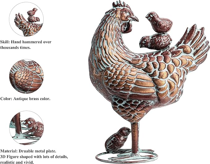 Metal Hen with Chicks Statues Yard Art, 13.5"x18" Metal Hen Chicken Figurine Decor, Vintage Outdoor Garden Statue Sculpture, Lifelike Garden Mother Hen & Baby Chick Sculptures for Chicken Lovers