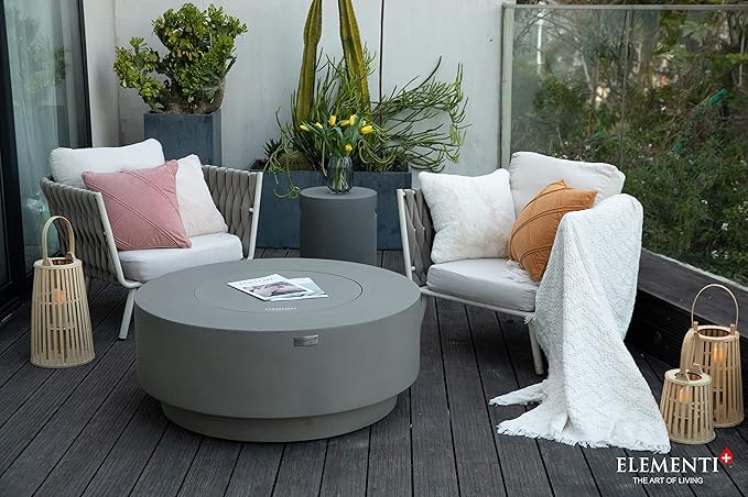Elementi+ | Colosseo Gas Fire Pit Cast Concrete 40" Dia. Round Fire Table, Outdoor Fire Pit Electronic Ignition | Canvas Cover, Fire Glass and Burner Lid Included | Light Gray | Natural Gas
