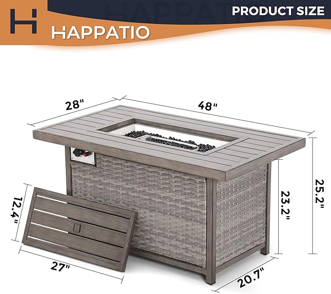 HAPPATIO 48inch 50,000 BTU Aluminum Patio Fire Pit,Wicker &Aluminum Rattan Square Propane Fire Pit Table.Propane Gas Fire Pit Table with Clear Glass Rock, Gray PE Rattan(Gray)