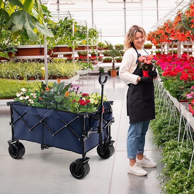 Goplus Collapsible Wagon Cart, Foldable Heavy Duty Utility Wagon with Adjustable Handle, Wide All Terrain Wheels, Cup Holder, Portable Garden Cart Beach Cart for Camping, Picnic (Blue)