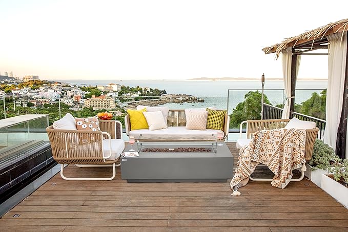 AMS Creations | Madison 60" Rectangular Natural Gas Outdoor Fire Pit Table | Light Gray Concrete GFRC | Smooth Texture or Surface | Electronic Ignition | Outside Backyard Fireplace