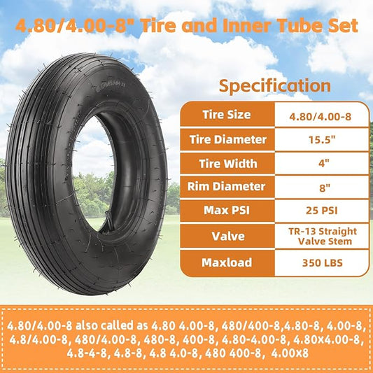 (1-Set) RRQ 4.80/4.00-8" Tire and Inner Tube Set, Universal Replacement Pneumatic Tires, Fits 15.5-inch wheels, TR-13 Straight Valve Stem, for Wheelbarrows, Dollies, Trolleys, Garden Carts and More
