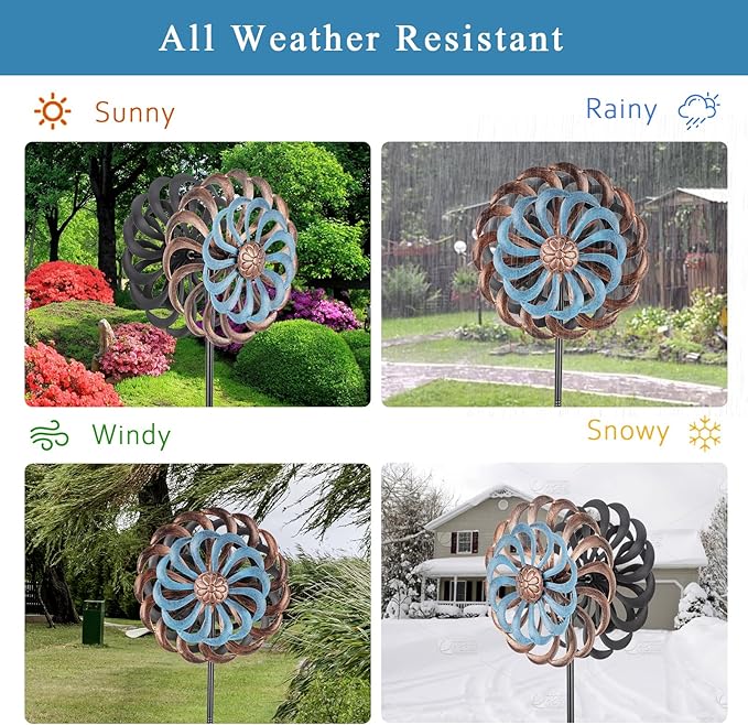 Metal Wind Spinners Outdoor, 14 Inch Dia Kinetic Wind Sculptures & Spinners with Stake, 61" H Windmill Yard Art Decor for Patio Lawn Garden, Copper Blue