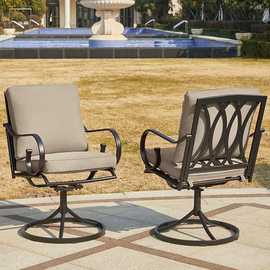 MELLCOM Patio Swivel Chair Set of 6, Heavy Duty Outdoor Dining Chairs with Thickened Cushions, Metal Patio Chairs Gentle Rocker for Outside, Garden Lawn & Porch, Backyard, Khaki