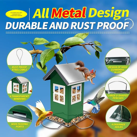Upgrade All Metal Chew Proof Design Squirrel Proof Bird Feeder Large, 4 Drainage Holes for Easy Cleaning, Outdoor Hanging Window Feeder for Wild Birds