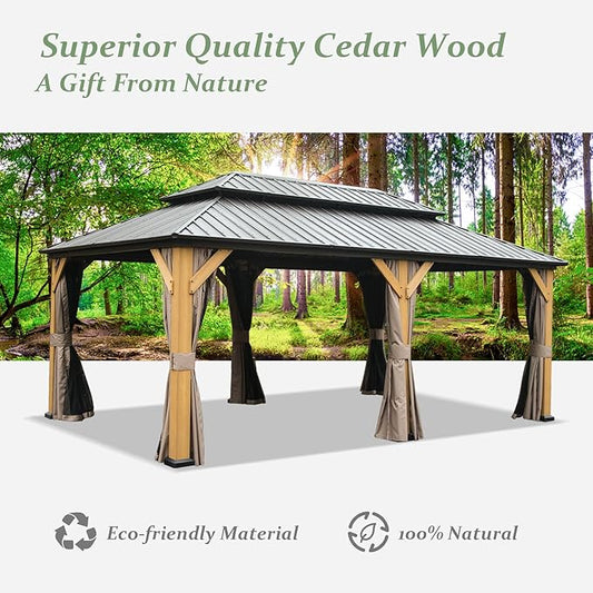 Domi 12' X 20' Wood Gazebo, Cedar Frame Hardtop Gazebo with Galvanized Steel Double Roof, Netting & Curtains, Patio Pergola Pavilion for Patio, Backyard, Deck, Lawns