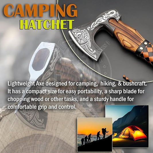 SHINY CRAFTS® Handcrafted Decorative Viking Axe with Leather-Wrapped Handle & Sheath – Engraved Blade – Ceremonial Collectible Gift for Men, Warriors, History Buffs, Cosplay & Display (VBA-03)