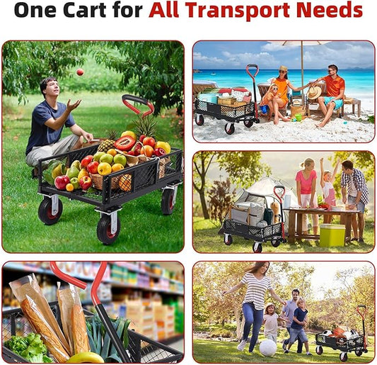 Garden Cart, Heavy-Duty Collapsible with Removable Mesh Sides, All-Terrain Wheels & 180° Rotating Handle for Gardening, Camping, Shopping and Outdoor Use