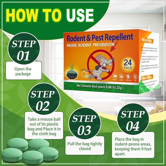 Rodent Mouse Repellent Indoor Outdoor - Peppermint Oil to Repel Mice Mole and Rats, Bug Insect Spider Repellent Pouches, Pest Control Natural Deterrent Safe for Pets & Family 24 Packs