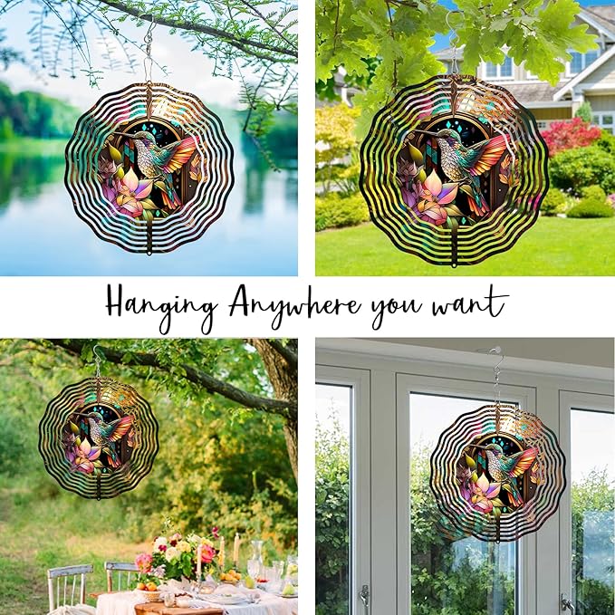Hummingbird Wind Spinner,3D Hummingbird Spinners Gorgeous Outdoor Garden Decoration 10Inch 3D Steel Wind Spinner Outdoor Easy to Use Wind Sculptures Ideal Gift