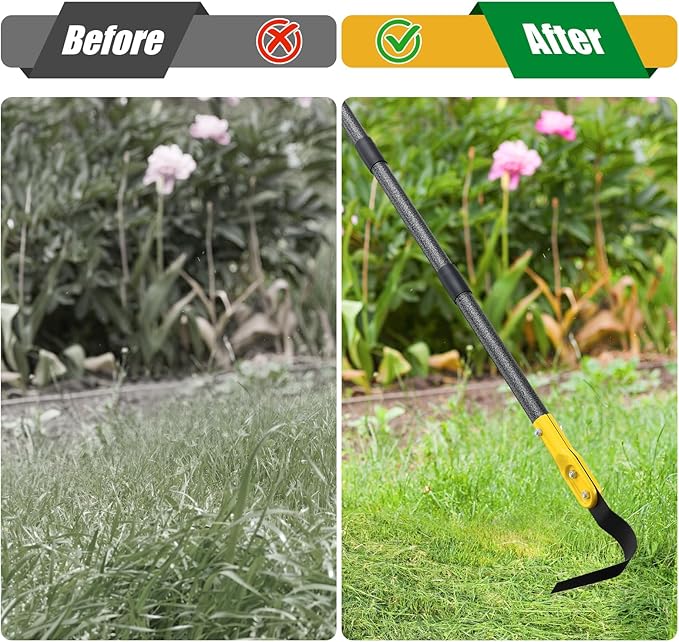 Hoe Garden Tool, 66" L Shape Sickle Garden Tool with Double-Edged Blade and Adjustable Long Handle, Heavy Duty Crack Crevice Weeding Hoe for Weeding, Loosening Soil, Trenching