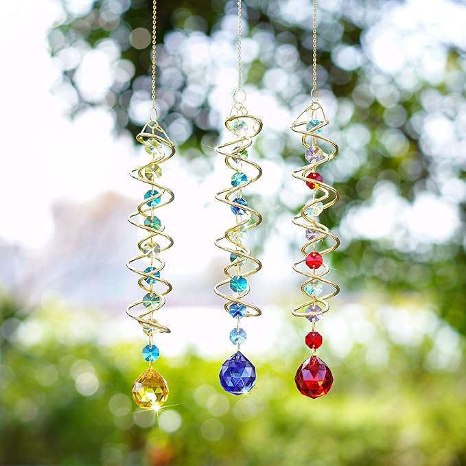 H&D HYALINE & DORA 20.5in Crystal Suncatcher Gazing Ball Spiral Tail,Wind Spinner Sun Catcher with Octagonal Beads,Sun Catchers Window Hanging for Outdoor Garden Decor
