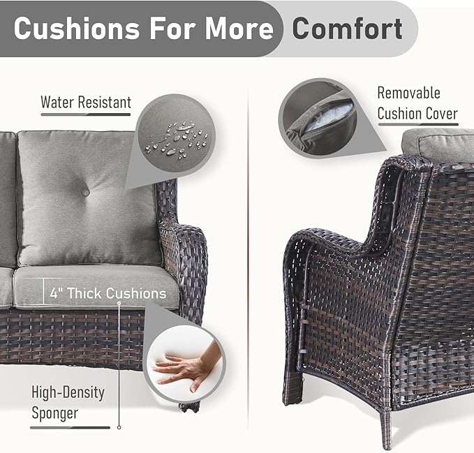 Wicker Outdoor Conversation Se with 50,000 BTU Gas Propane Fire Pit Tablet-7 Pieces Outdoor Wicker High Back Couch Patio Furniture for Deck Poolside Backyard