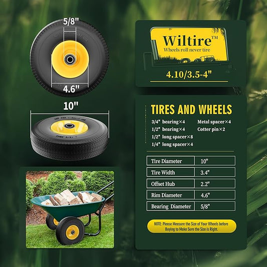 (2 Pack) 4.10/3.50-4 Flat Free Tire and Wheel 10-Inch Solid Wheel Replacement with 5/8 Extra 3/4 &1/2 Bearings,2.2" Offset Hub -Compatible with Hand Truck,Wheelbarrow(Wave,Yellow)