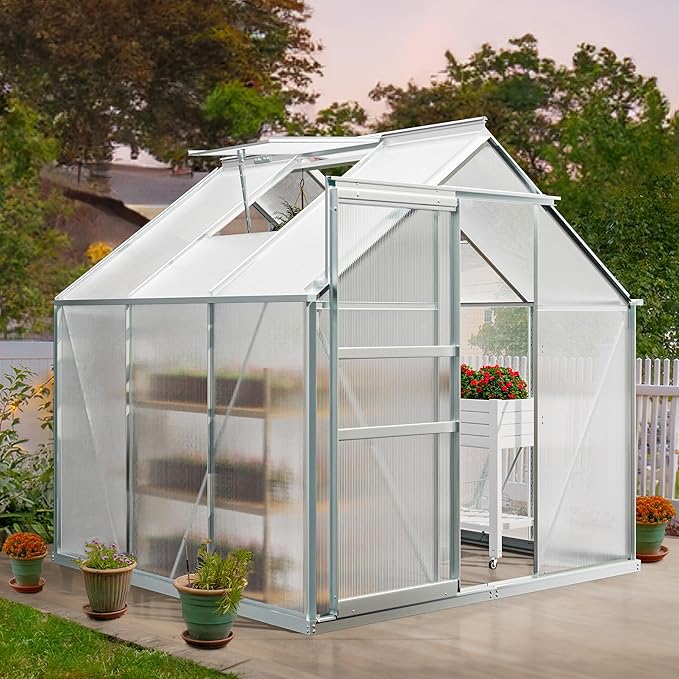 YITAHOME 6x6FT Polycarbonate Greenhouse Heavy Duty Green Houses Outdoor Greenhouses Aluminum Sliding Doors Vent Window Large Sun House for Garden Backyard, Silver