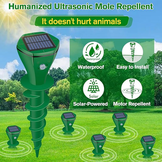 Mole Repellent Solar Powered Ultrasonic, Gopher Repellent Outdoor for Lawn Garden Yard,Waterproof Mole Killer Traps,Sonic Spikes Get Rid of All Pests Gopher Vole Groundhog Chipmunk Snake, 2 Pack-Green