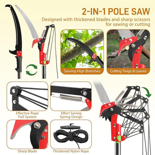 Outvita Manual Pole Saw, 24 Feet Extendable Tree Pruner with Knives and Storage Pocket, Sharp Steel Blade and Scissors High Branches Trimming for Pruning Palms and Shrubs(Yellow)