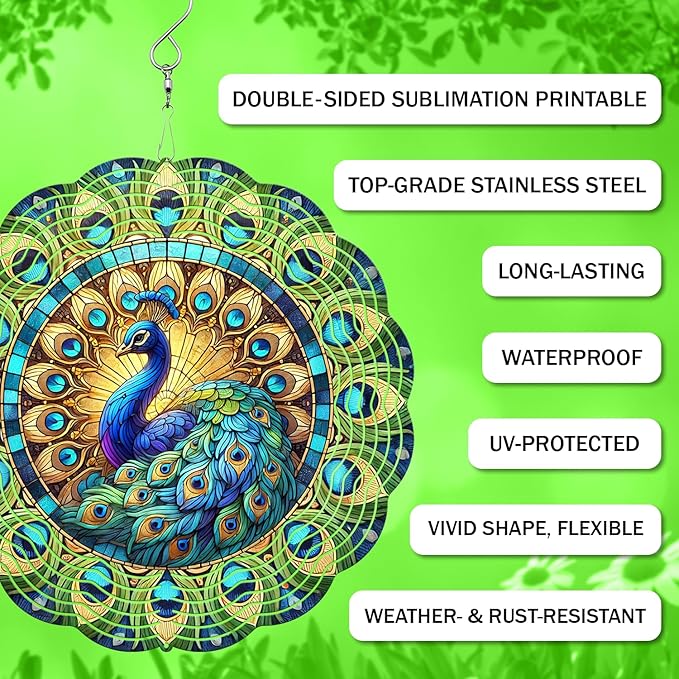 Peacock Wind Spinner, 3D Hanging Stainless Steel Garden Spinner, Wind Spinner Hanging for Outdoor & Indoor Décor, Unique Gifts for Yard Garden Decoration or Patio Décor (Peacock)