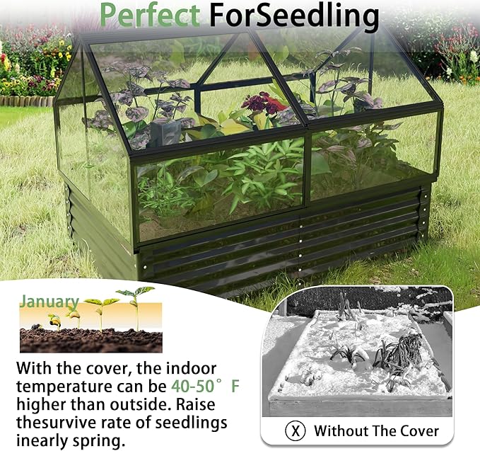 68.7" Raised Garden Bed with Greenhouse Cover, Galvanized Steel Planter Box with Open Bottom Drainage, Dual Use Outdoor Metal Planter for Vegetables Flowers and Herbs