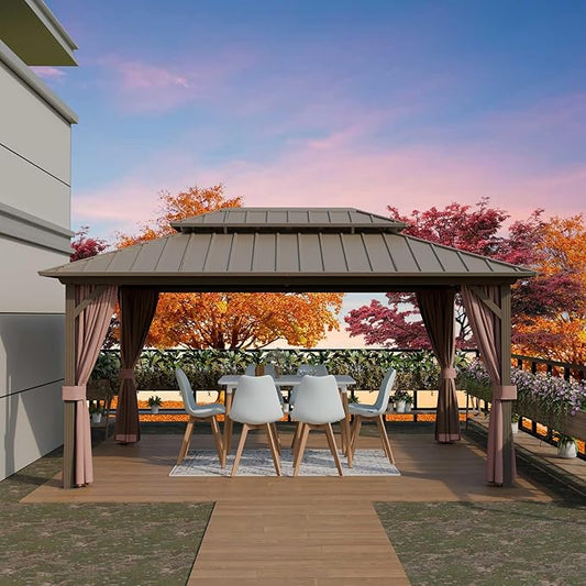 12'x16' Hardtop Gazebo, Outdoor Aluminum Frame Galvanized Steel Double Roof Pavilion with Netting and Shaded Curtains, Permanent Metal Pergolas for Patio, Backyard, Deck and Lawns.
