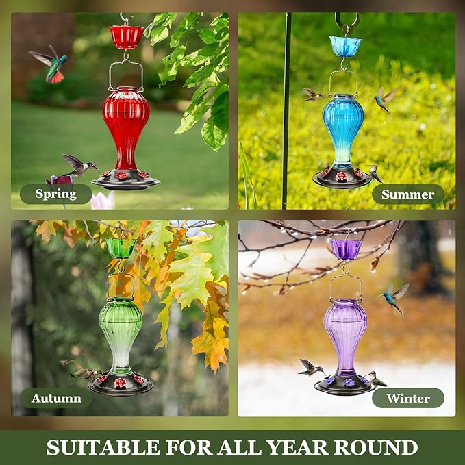 Kingsyard Glass Hummingbird Feeder 24 Ounces, 6 Feeding Ports, Hanging Bird Nectar Feeder for Outdoors Garden Yard Décor, Ant Moat Included, Purple