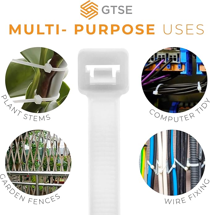 GTSE 8 Inch White/Clear Zip Ties, 100 Pack, 40lb Strength, UV Resistant Strong Nylon Cable Ties, Self-Locking 8" Tie Wraps