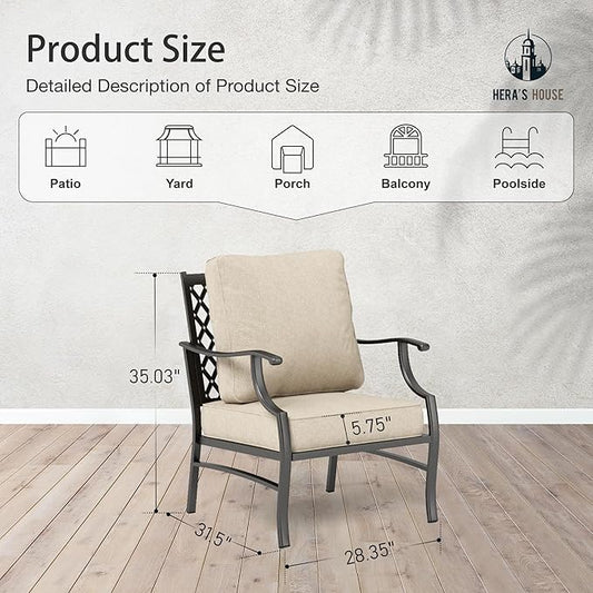 HERA'S HOUSE Outdoor Chairs Set of 2, 2 x Patio Chair with Beige Cushions, All Weather Outdoor Furniture for Lawn Garden Backyard Deck(Leg Chairs)