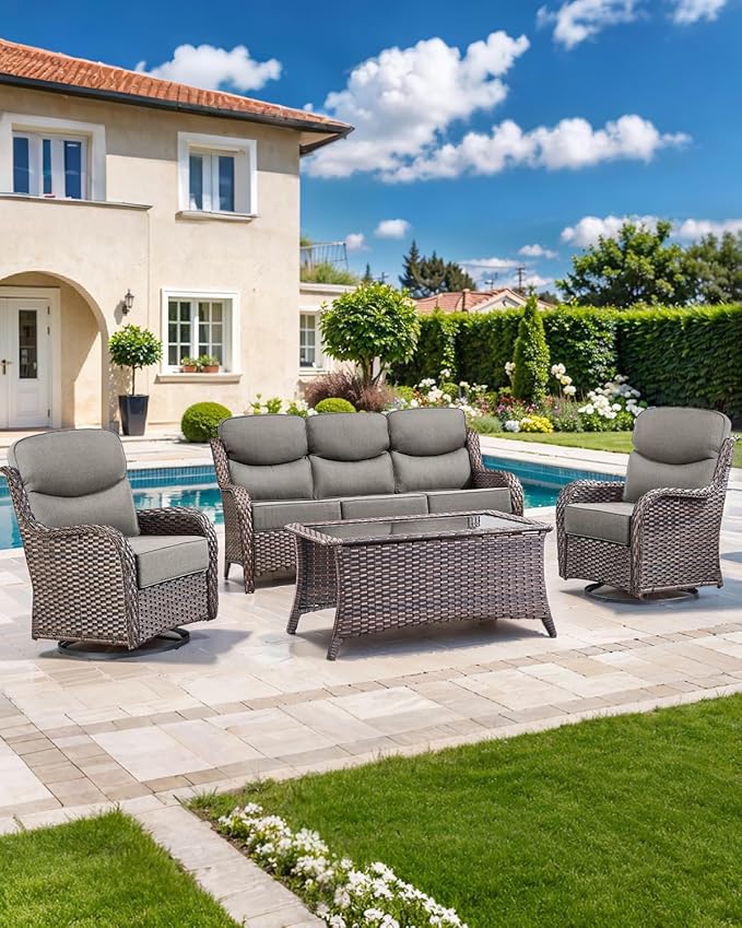 Luxury 22x24/22x25 6-Inch Smile Patio Dining Chair Cushions Set of 4 - Heavy Duty Water Slashproof Outdoor Seat Cushion for Outside Furniture Set Swivel Chairs Loveseat L-Shape Sofa - Grey